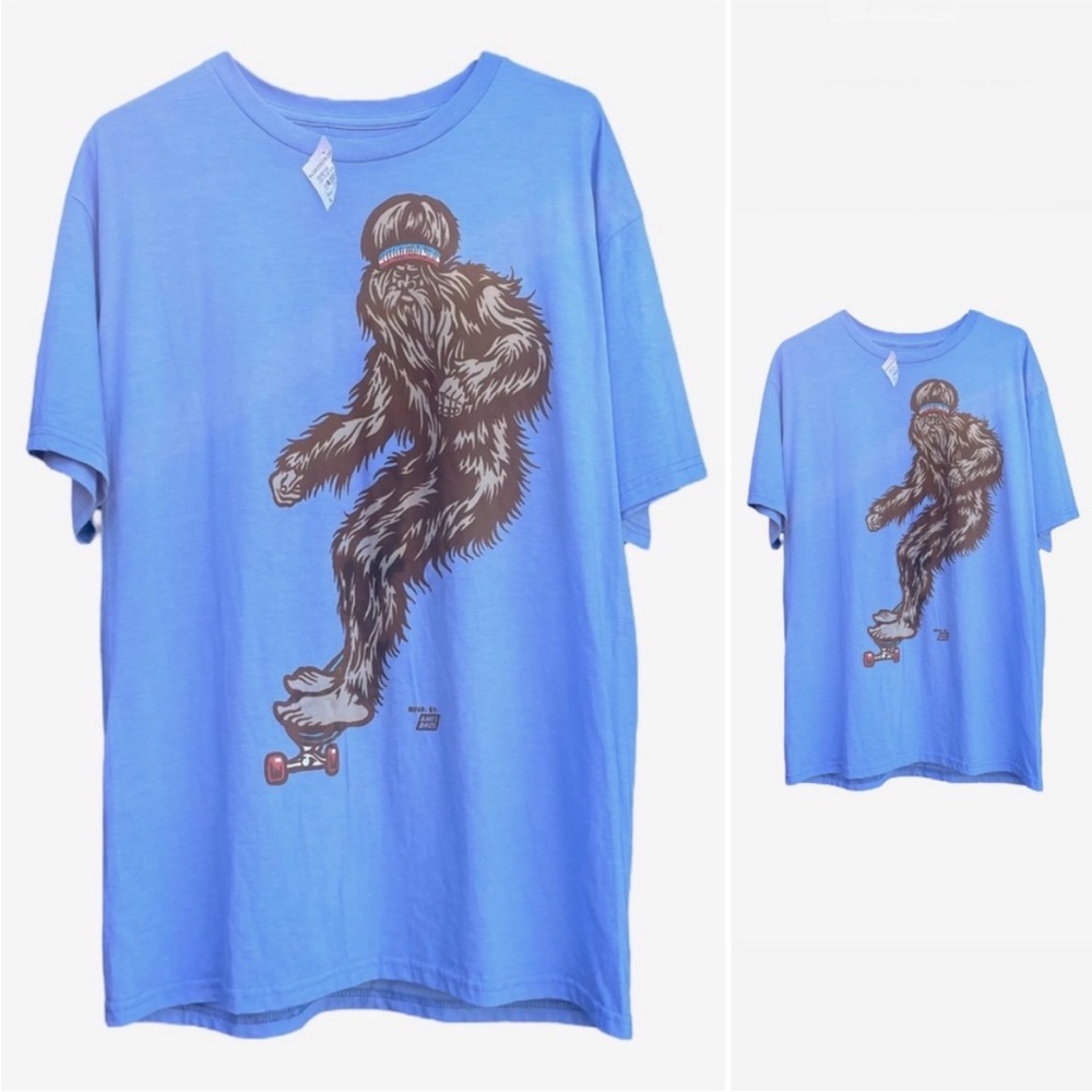 Ames Bros Bjorn to Skate Bigfoot Yeti Sasquatch SK8R Sky Blue T-shirt Large NWT